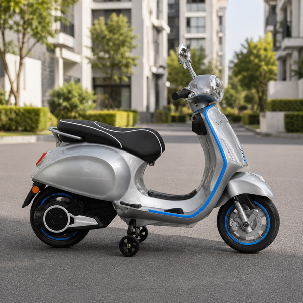 Детский мотоцикл Vespa Primavera M 6288EL-11-4, 1 мотор 45W, EVA, кожа, MP3, Bluetooth, серо-синий mp-332287 фото