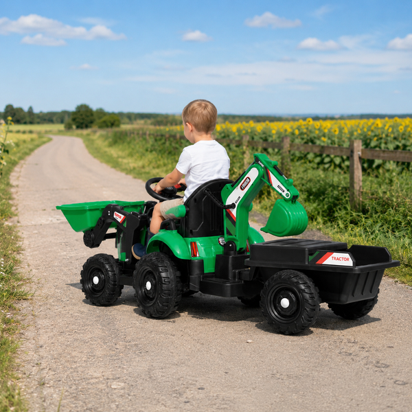 Трактор Ford-New Holland навантажувач з ковшем і екскаватором M 6027EBLR-5 зелений, 2 мотори по 25W, EVA, екошкіра, MP3, USB, Bluetooth, з причепом і пультом mp-340519 фото