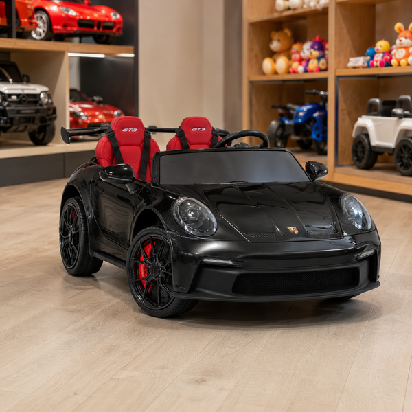Детский электромобиль Porsche 911 GT3 RS M 6111(MP4)EBLRS-2 черный двухместный, 2 мотора по 320W, MP4, Bluetooth, EVA, кожа, автопокраска mp-318956 фото