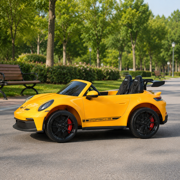 Двухместный детский электромобиль Porsche 911 GT3 RS M 6111EBLR-6, 2 мотора по 320W, EVA колеса, экокожа, MP3, Bluetooth, желтый mp-318958 фото