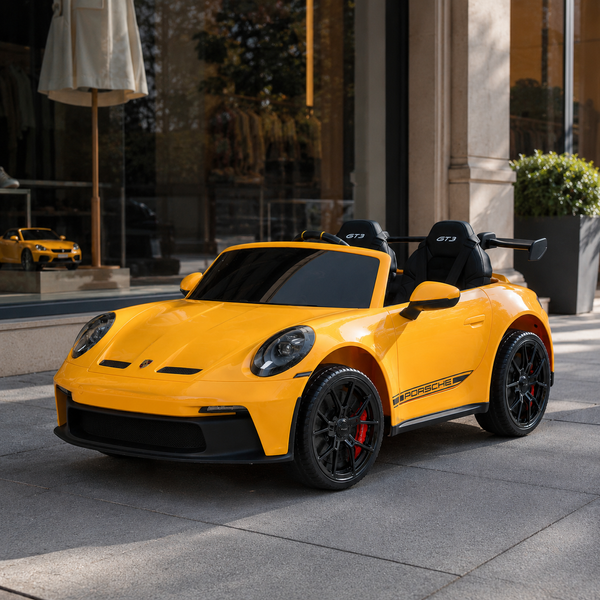 Двухместный детский электромобиль Porsche 911 GT3 RS M 6111EBLR-6, 2 мотора по 320W, EVA колеса, экокожа, MP3, Bluetooth, желтый mp-318958 фото