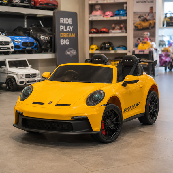 Двухместный детский электромобиль Porsche 911 GT3 RS M 6111AL-6, 2 мотора по 320W, надувные резиновые колеса, кожа, MP3, Bluetooth, желтый mp-326471 фото
